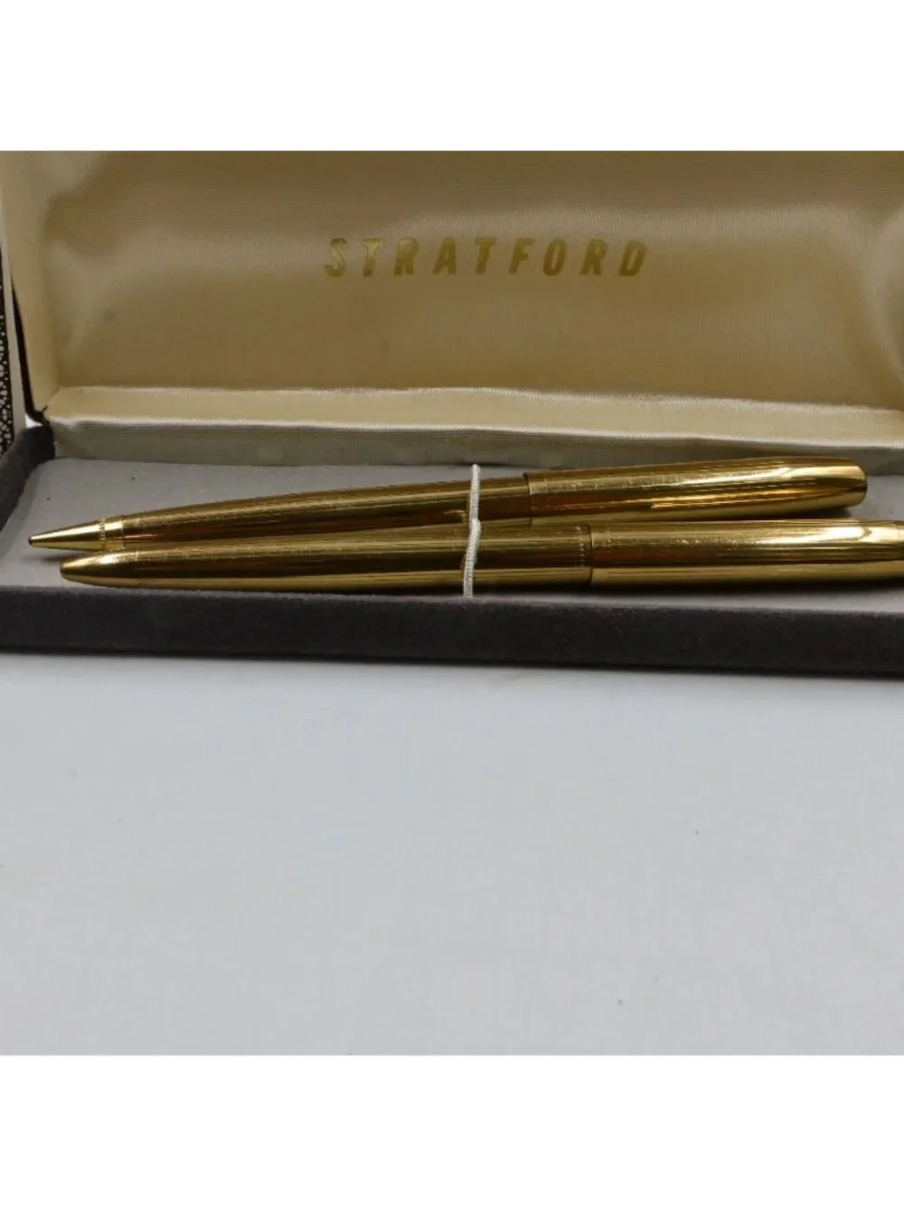Stratford Gold Tone Ballpoint Pen & Mechanical Pencil Set Original Case Vintage